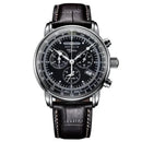 Relógio cronógrafo Zeppelin com mostrador preto, pulseira de couro e caixa em aço inoxidável