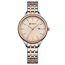 Relógio feminino Curren com pulseira bicolor aço inox, mostrador creme e cristais