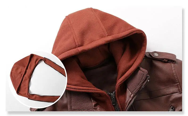 Um close-up da Jaqueta de Couro Masculina com Capuz da Zellum mostra o capuz preso, com uma inserção destacando o tecido macio e a costura. Esta jaqueta apresenta um zíper e dragonas de ombro elegantes.