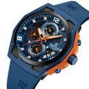 Relógio esportivo azul com cronógrafo e detalhes laranja, pulseira de silicone