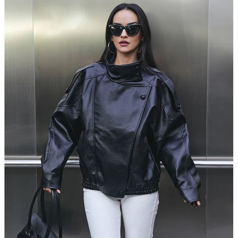 Jaqueta de couro sintético feminina oversized gola alta Zellum, preto, marrom ou bordô
