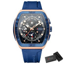Relógio Curren quadrado com cronógrafo, caixa rosê e pulseira silicone azul