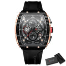 Relógio esportivo quadrado preto com detalhes rose gold e pulseira de silicone