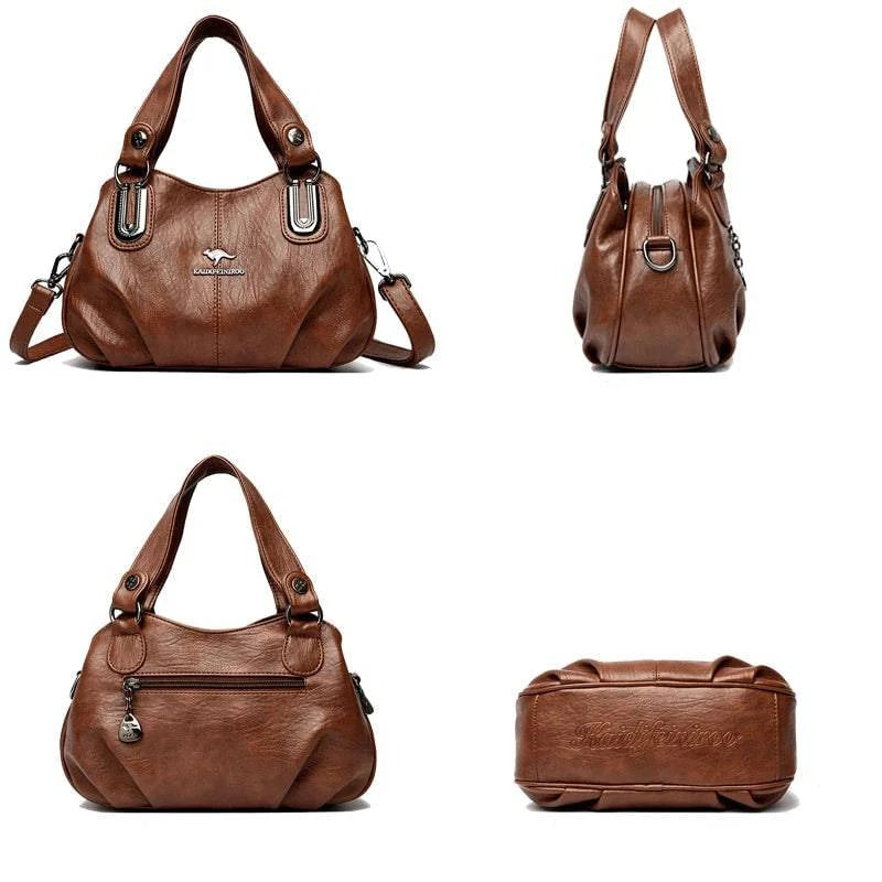 "Bolsa feminina de couro legítimo preta com alça dupla elegante."