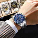 Relógio cronógrafo aço inox com mostrador azul e pulseira prateada
