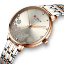 Relógio de pulso com mostrador floral, pulseira dois tons rose e prata