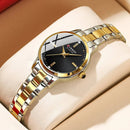 Relógio bicolor com pulseira aço inox prata e dourada, mostrador preto