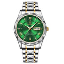 Relógio masculino com mostrador verde, caixa e pulseira em aço inox prateado e dourado, numeração romana