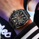 Relógio masculino quadrado com mostrador geométrico preto e detalhes em ouro rosado