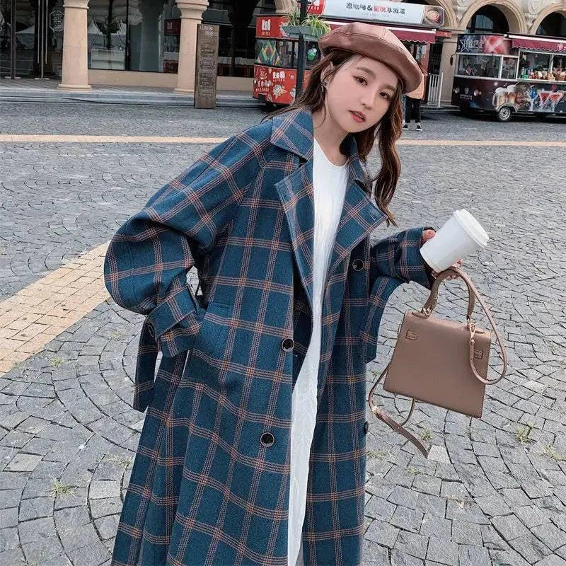 Sobretudo Feminino Longo Europeu Quadriculado Azul - Zellum