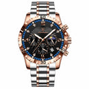 Relógio masculino cronógrafo rose gold e prata com mostrador preto e bisel azul