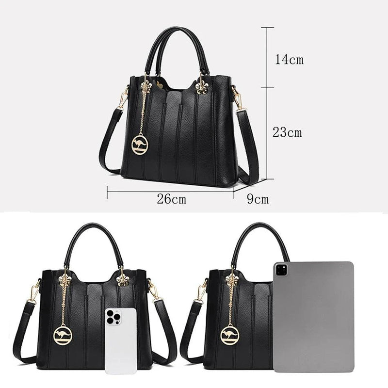 Alt text: Bolsa Tote feminina em couro Opale marrom escuro.