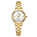 Relógio feminino dourado com pulseira de elo e mostrador branco
