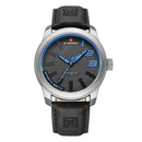 Relógio masculino NaviForce caixa aço com mostrador preto, detalhes azuis e pulseira couro