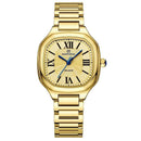 Relógio feminino dourado com mostrador em números romanos e pulseira em aço inoxidável