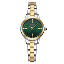 Relógio feminino bicolor prata e dourado com mostrador verde e marcadores em ouro
