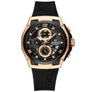 Relógio esportivo masculino NaviForce com mostrador preto, subdiais e caixa em ouro rosado, pulseira de silicone preta