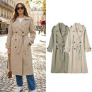 Trench coat feminino longo transpassado com cinto Zellum, em caqui ou verde