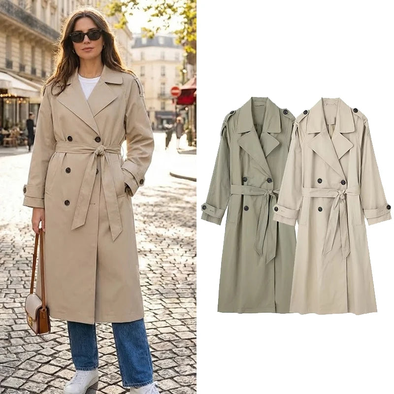Trench coat feminino longo transpassado com cinto Zellum, em caqui ou verde