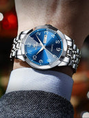 Relógio masculino aço inox mostrador azul com pulseira em corrente metálica