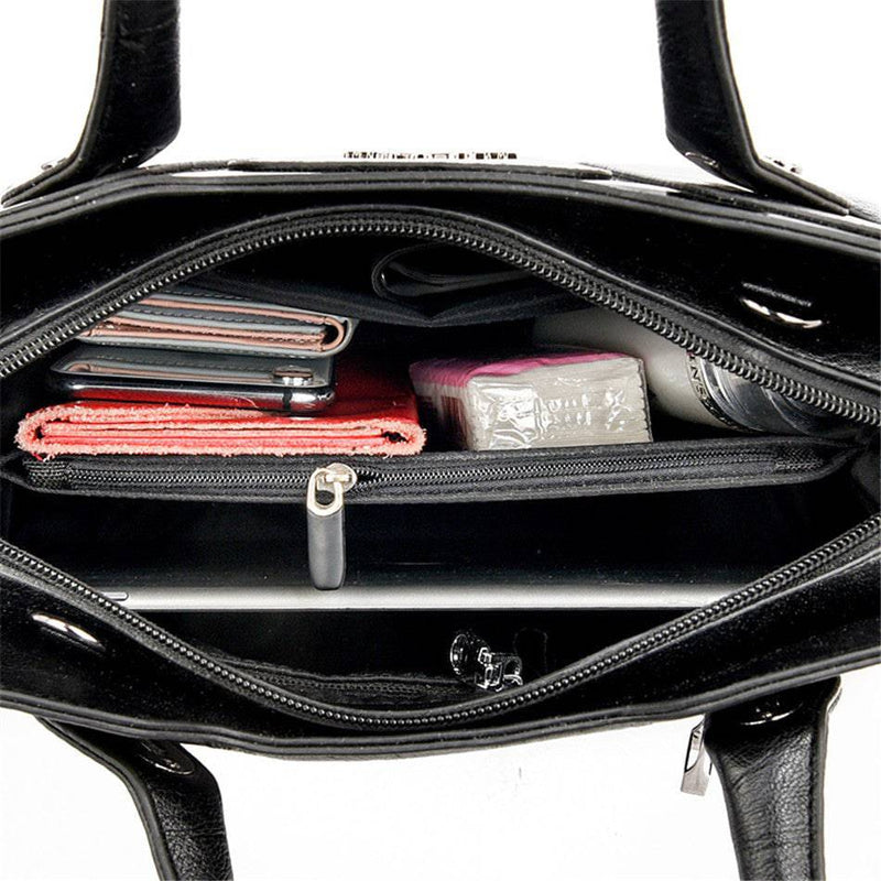 Bolsa feminina de couro crossbody com alças duplas, cor preta.