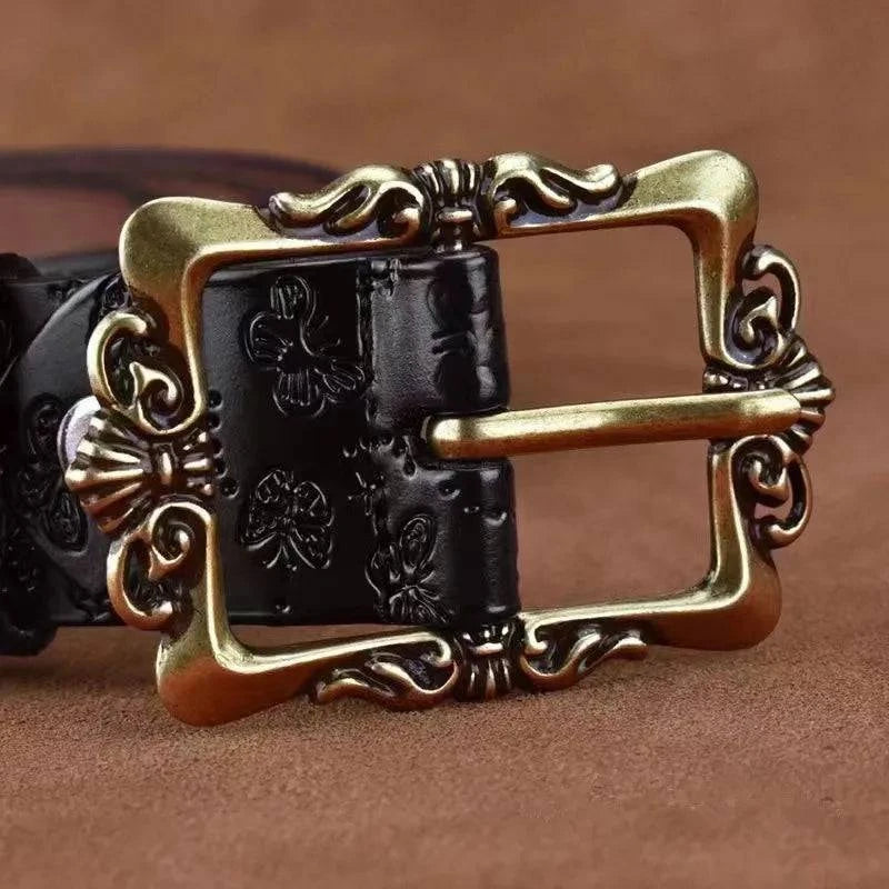 "Cinto de Couro Genuíno Feminino Marrom com Fivela Decorativa"