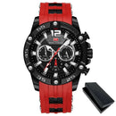Relógio esportivo cronógrafo com mostrador preto, pulseira de silicone vermelho e preto