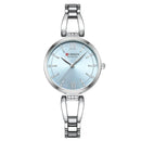 Relógio feminino aço inox com mostrador azul claro e pulseira metálica