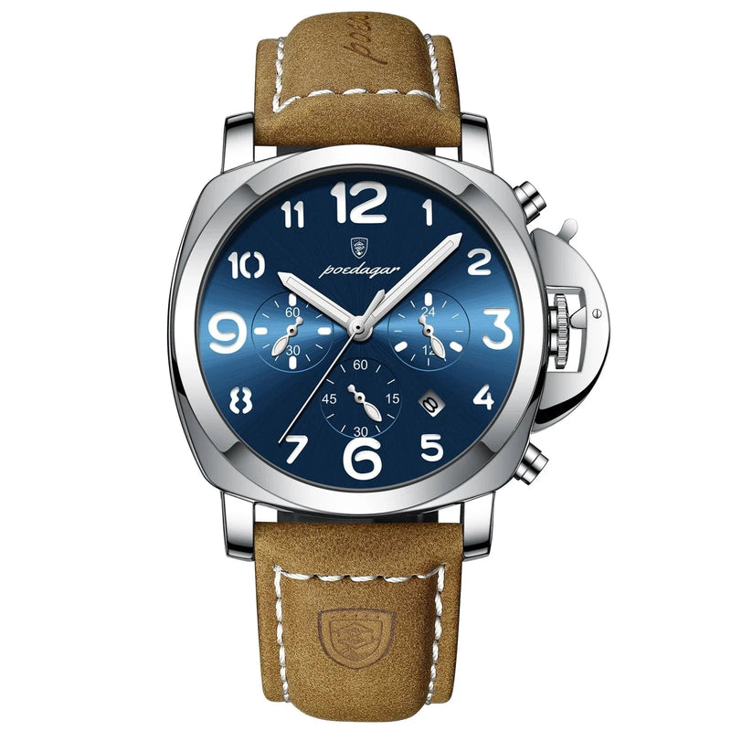 Relógio Masculino Poedagar Social Com Pulseira de Couro Prata Azul - Zellum