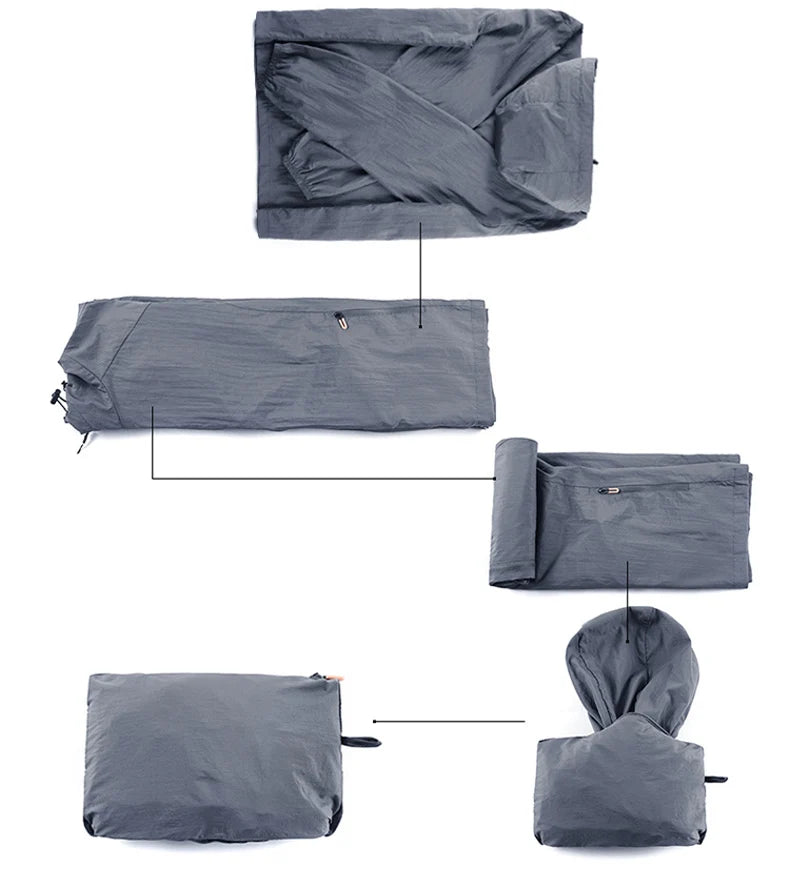 Uma série de cinco imagens mostra um forro de saco de dormir cinza sendo dobrado - exatamente como na embalagem do Zellum Jaqueta Corta-vento Esportiva Masculina - e terminando com um zíper em uma bolsa de armazenamento cinza compacta.