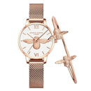Relógio rose gold com mostrador branco, abelha no centro e pulseiras de abelha em brinde