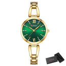 Relógio feminino com caixa dourada, mostrador verde e pulseira aço inox