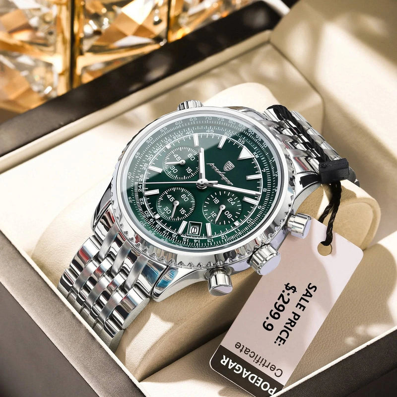 Relógio Masculino de Luxo Poedagar com Cronógrafo Prata Verde - Zellum