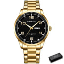 Relógio masculino aço inox dourado mostrador preto com pulseira