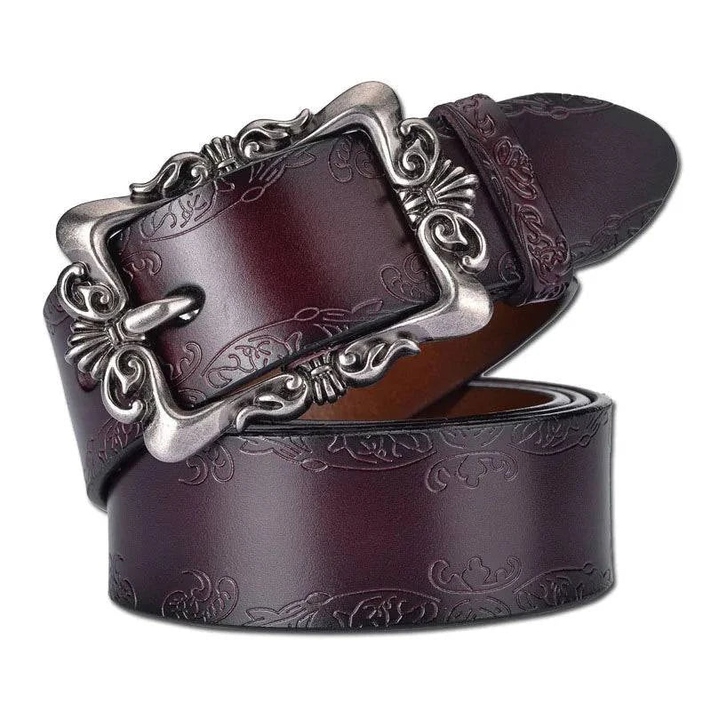 Alt text: Cinto de Couro Genuíno Feminino com Fivela Vintage Marrom.