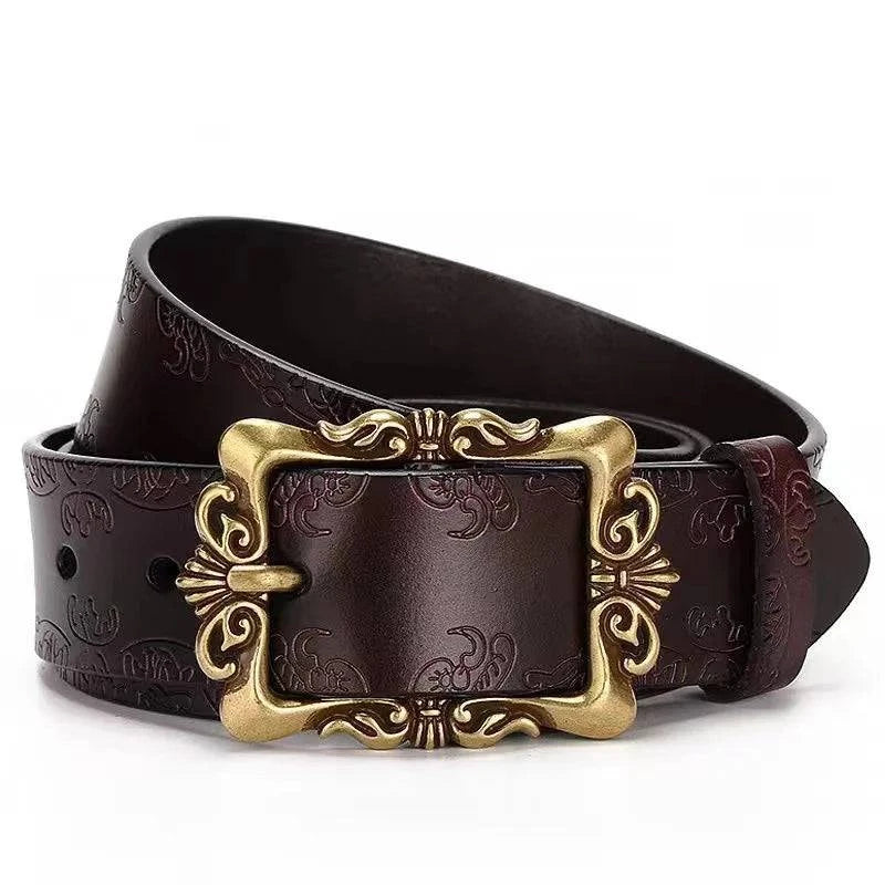 Cinto de Couro Genuíno Feminino com Fivela Decorativa Marrom.