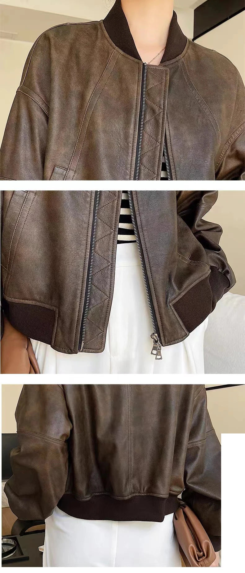 Uma colagem mostra uma pessoa usando a Jaqueta Feminina de Couro Urban da Zellum em couro legítimo marrom escuro com detalhes em nervuras pretas, fechada com zíper sobre uma camisa listrada, combinada com calça branca e uma bolsa marrom.