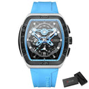 Relógio quadrado Curren com mostrador preto, pulseira azul silicone e funções cronógrafo