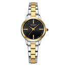 Relógio feminino bicolor prata e dourado com mostrador preto e marcadores dourados