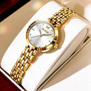 Relógio feminino com mostrador branco e pulseira de aço inoxidável dourado