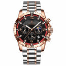 Relógio cronógrafo aço inoxidável two-tone, caixa rose gold, mostrador preto e aro vermelho