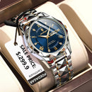 Relógio masculino aço inox com mostrador azul, numeração romana e pulseira bicolor em caixa de apresentação