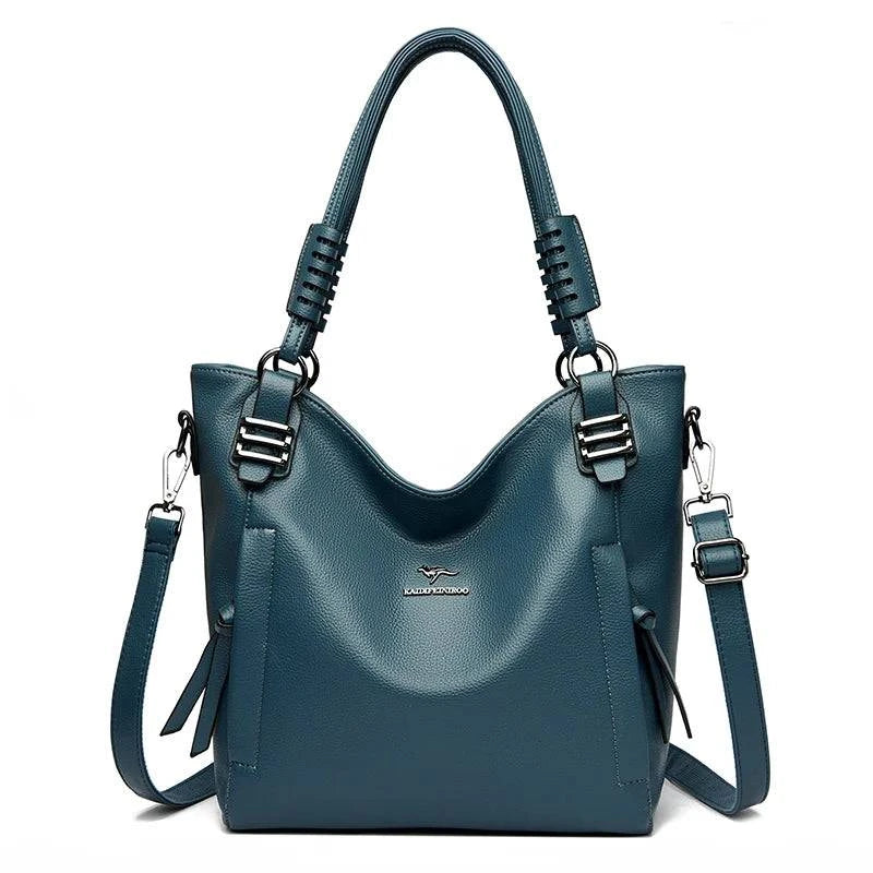 Alt text: Bolsa feminina de couro tote preta com alça dupla elegante.