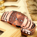 Relógio de aço inox rose gold com mostrador marrom e pulseira de elos