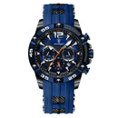 Relógio esportivo cronógrafo com mostrador preto, pulseira de silicone azul e caixa angular