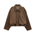 Jaqueta bomber feminina oversized de camurça com gola camisa e zíper Zellum