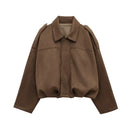 Jaqueta bomber feminina oversized de camurça com gola camisa e zíper Zellum