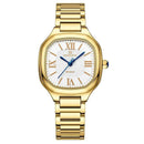 Relógio feminino dourado com mostrador branco, números romanos e pulseira em aço inox