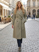 Trench coat feminino longo transpassado com cinto Zellum, em caqui ou verde