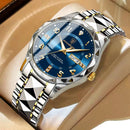 Relógio masculino aço inox mostrador azul com pulseira bicolor prata e dourada